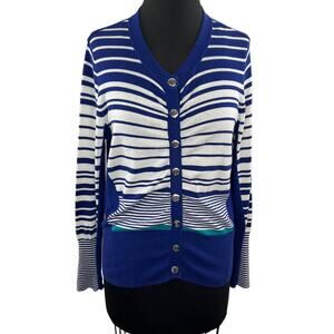 KAREN MILLEN Blue White Striped V-Neck Button Up Cardigan Sweater Cotton 3 L